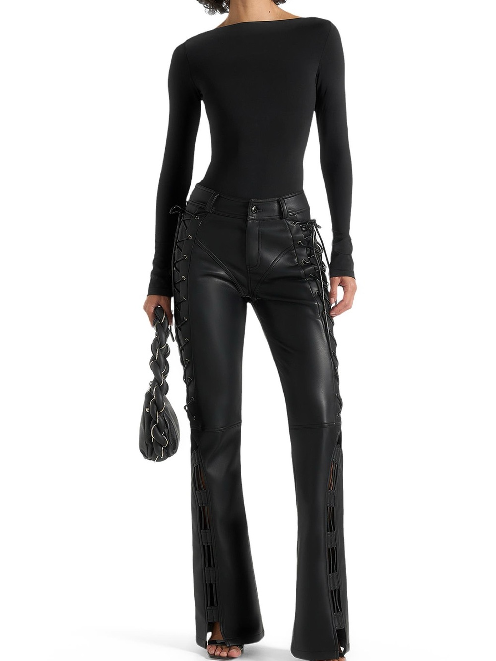 Manière De Voir Ambre Vegan Leather Lace-Up Flared Trousers | Black | Size 2 - Picture 4 of 15